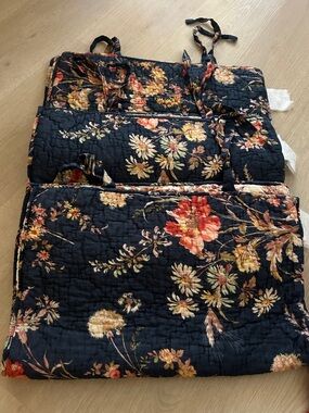 Pottery Barn Lara navy floral reversible quilted shams x 3